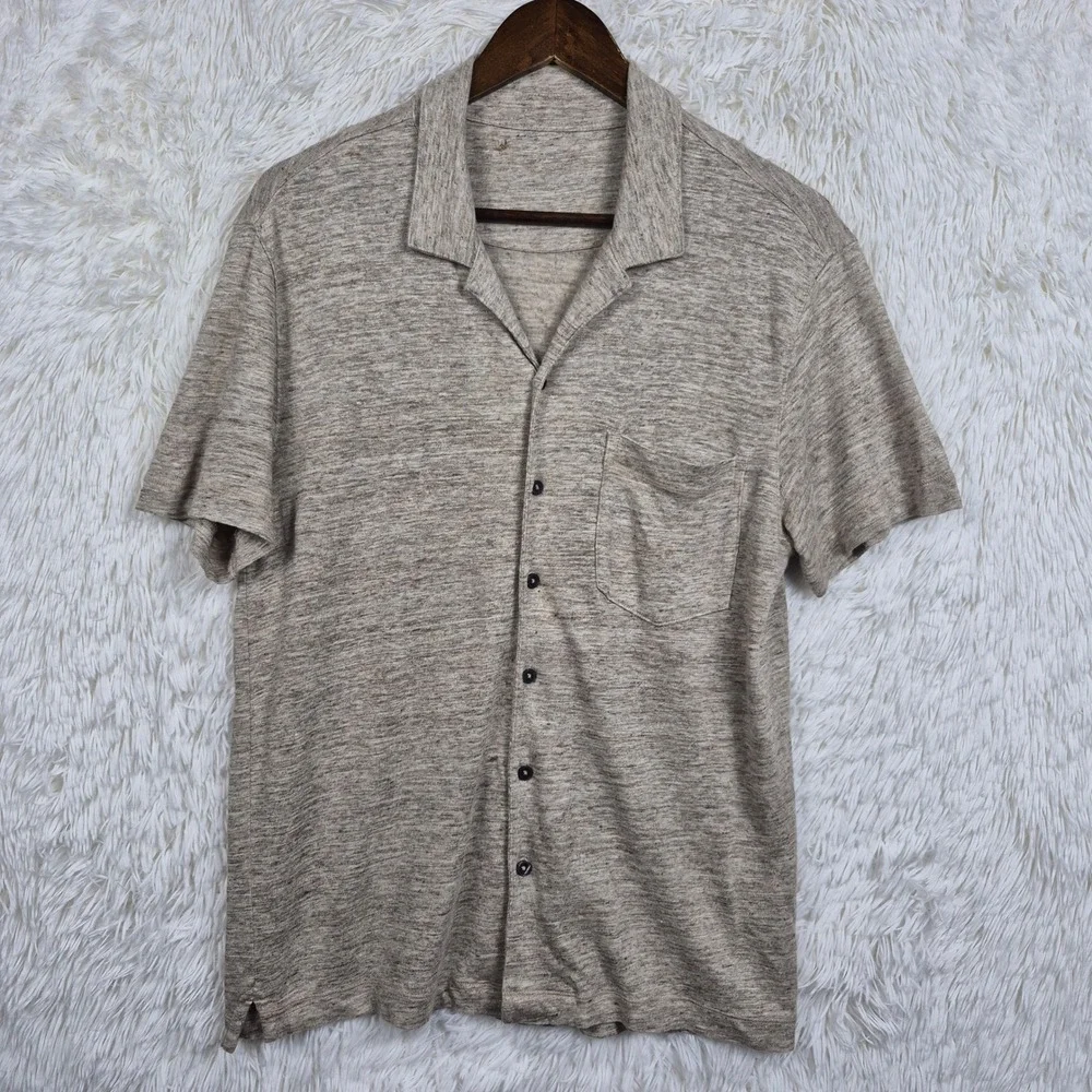 Banana Republic Mens Linen Resort Camp Shirt Beige Short Sleeve Button Down M